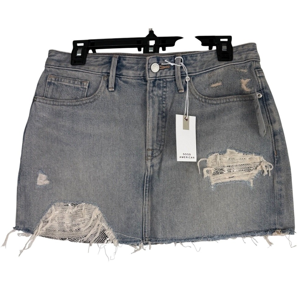 Good American The Khloe 90s Distressed Denim Mini Skirt Indigo Blue Size 4 NWT